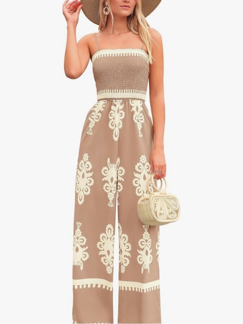 Pretty Garden Strapless Smocked Wide-Leg Jumpsuit in Taupe and Cream